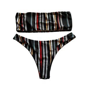 Colorful Striped Bikini Swimsuit Black High Cut Bandeau Boho Indie Folk Festival